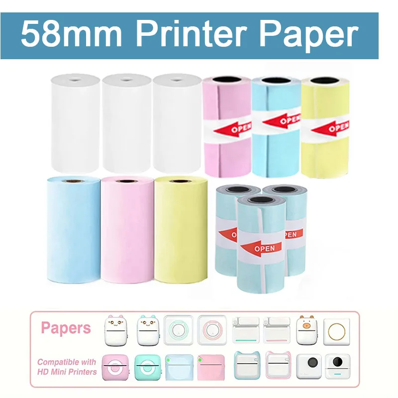 Mini 58mm Thermal Portable Printer Paper Photo Sticker 203dpi Memo Wrong Question Label Printing Self-Adhesive Color Papers DIY