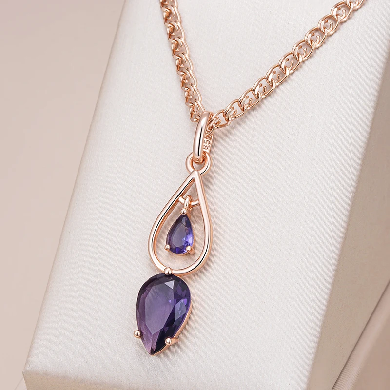 Kinel Hot Purple Natural Zircon Long Pendant Necklace for Women Fashion 585 Rose Gold Color Accessories Wedding Daily Jewelry