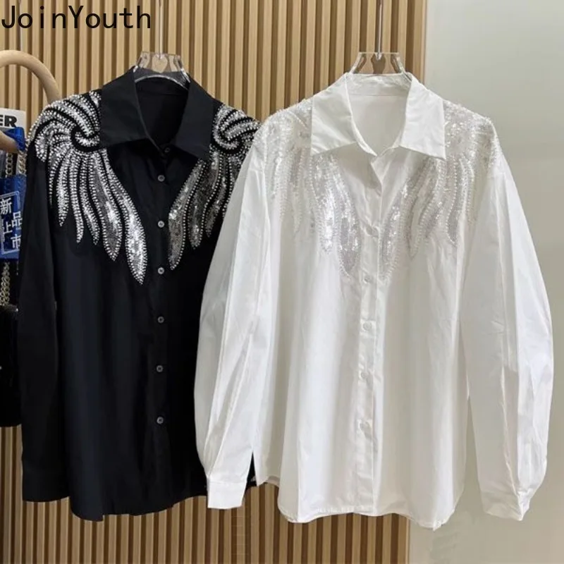 Fashion Korean Shirts Women Clothing Wing Sequined Long Sleeve Blouses Summer White Oversized Tops 2024 Blusas Mujer De Moda