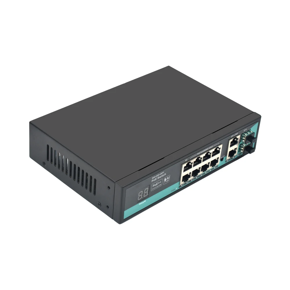 Gigabit 8+2+2 AI Port PoE Switch With Digital Display 2 RJ45 2 SFP 120W Power  VLAN Metal