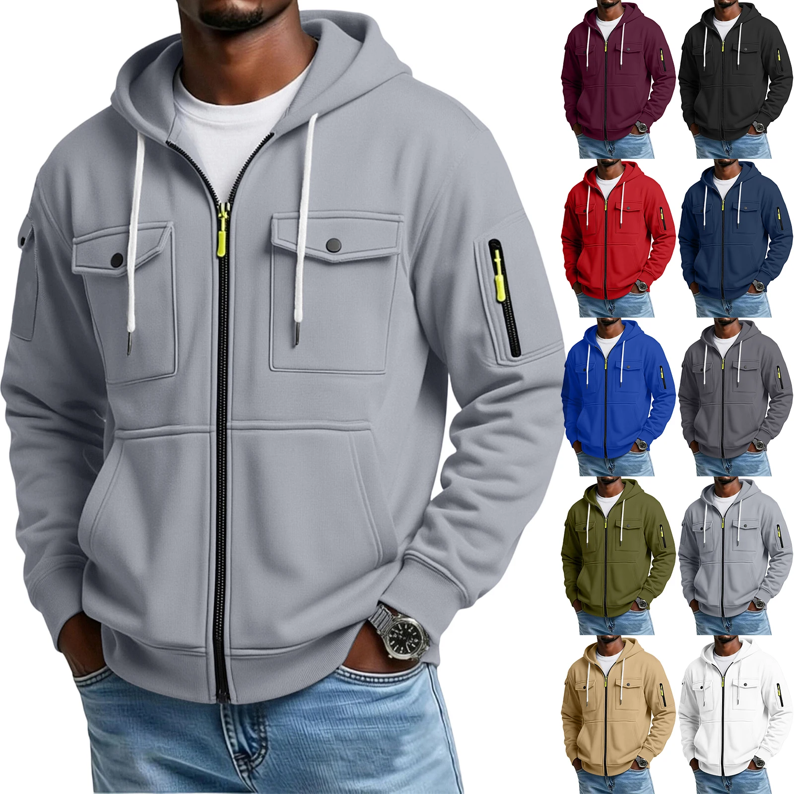 Men's Casual Sports Jackets Fashion Multi-Pocket Zip Hoodie Coats Outdoor Cargo Jackets for Sports and Daily Wear