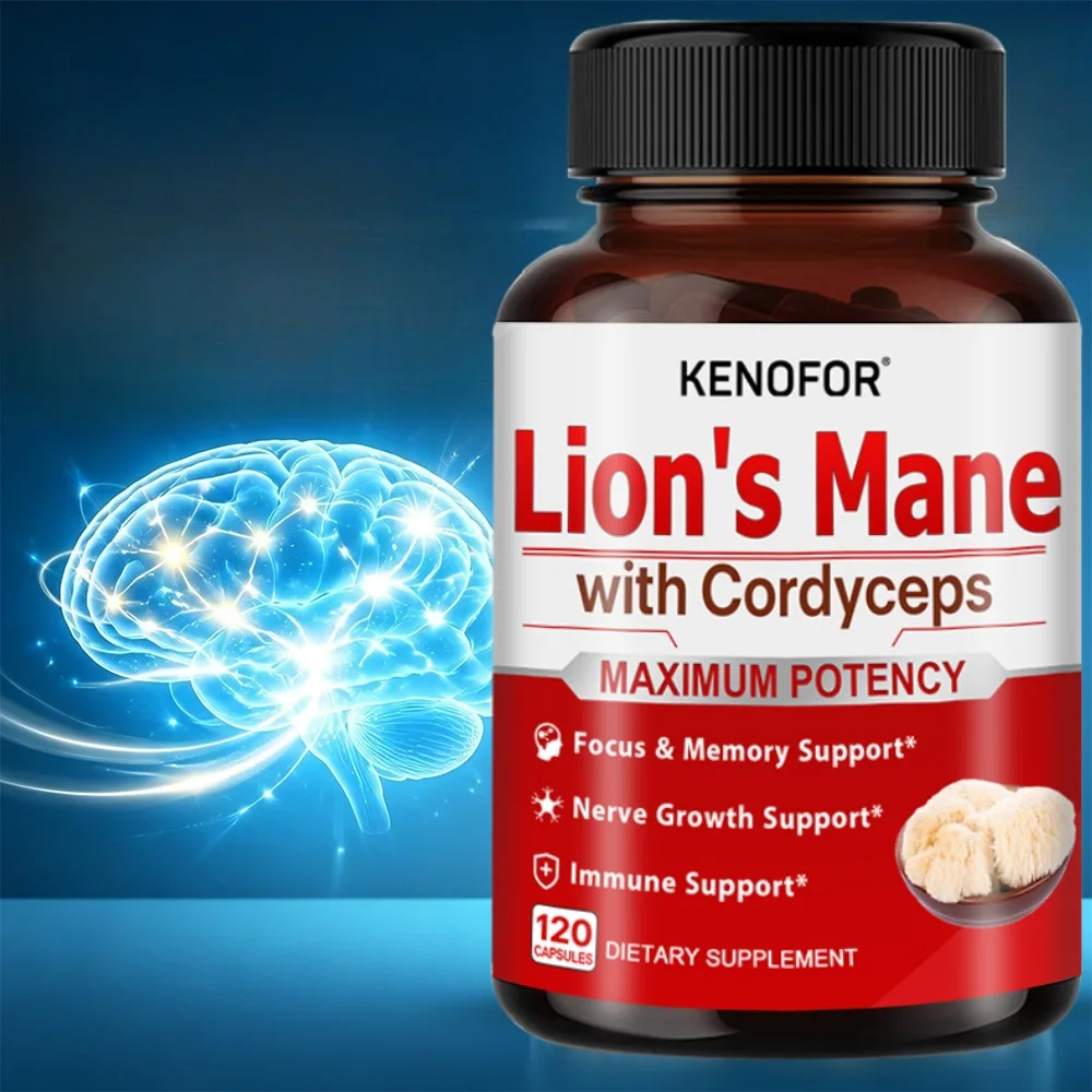 Lion's Mane Supplement - with Cordyceps, Brain Booster, Support Focus, Cognition, Memory & Immunity