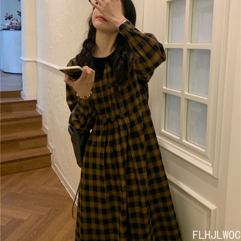 Vestido camisero a cuadros con botones para mujer, ropa básica gruesa, estilo coreano y japonés, Retro, Vintage, lindo, para Fecha de Año Nuevo, Otoño e Invierno
