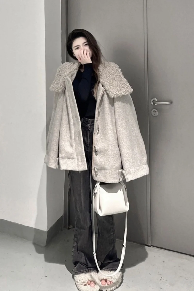 

American Retro Woolen Coat Women Winter New Niche Design Oversize Versatile Horn Motorcycle Woolen Coat