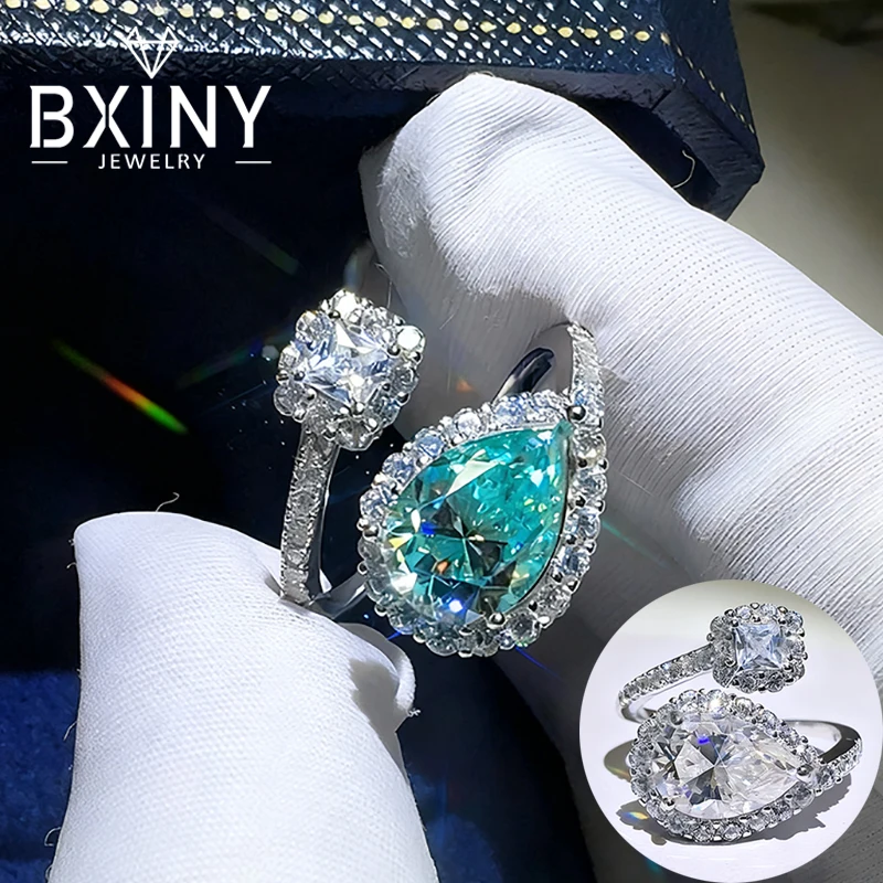 

BXINY 2CT Pear Cut Green Moissanite Open Ring 925 Sterling Silver for Women WaterDrop Lab Diamond Wedding Band Gift Fine Jewelry