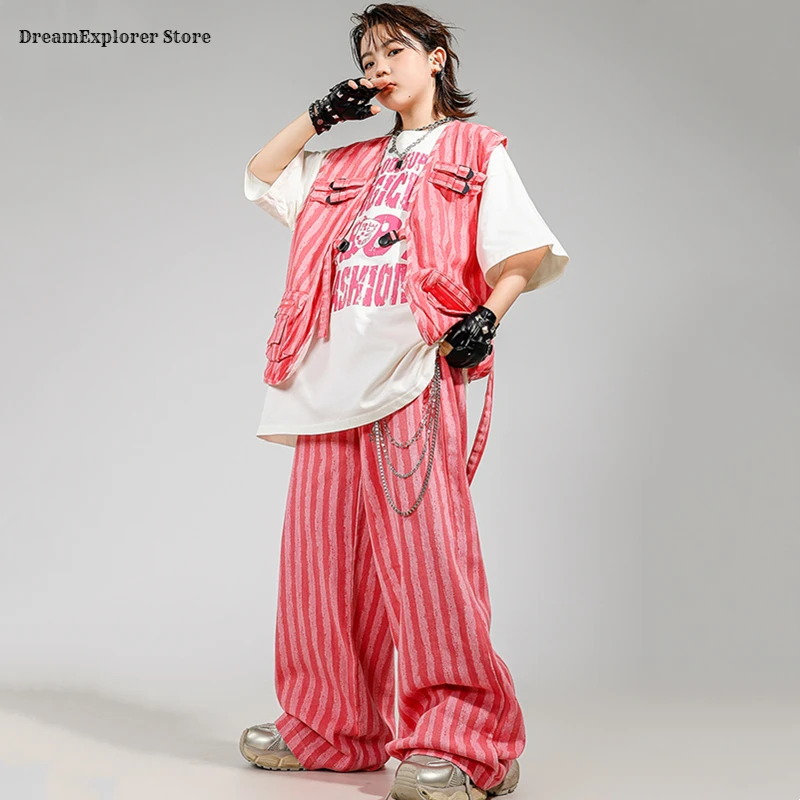 Ragazzi Hip Hop T-shirt Gilet a righe rosa Pantaloni da ballo di strada Ragazze Costumi K-pop Bambini Adolescenti Set di vestiti jazz Bambini Streetwear