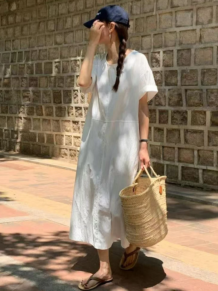 시크한 루즈핏 반팔 라운드넥 A라인 원피스 여성 패션 아이템 여름 고급스러운 느낌 캐주얼 엘레강스 스케이터 원피스