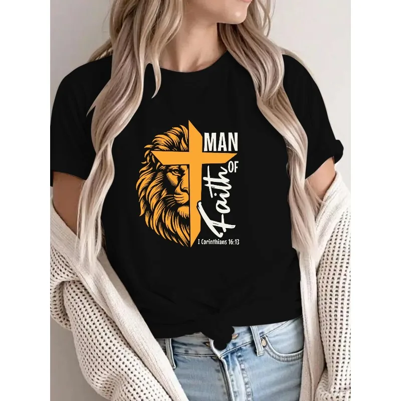 

Christian T Shirt Men Man of Faith 1 Corinthians 16:13 Bible Verse Graphic Tee Religious Cross Lion Print Short Sleeve Top S-3XL
