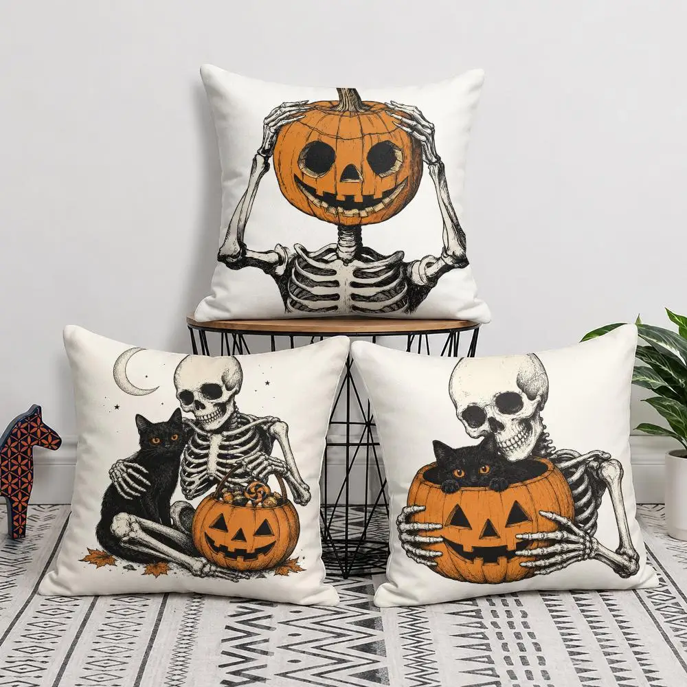 Halloween Skeleton Tales Cushion Cover Soft Short Plush Pillow Cover Smooth Cozy Texture Aesthetic Cushion Case Home Decor