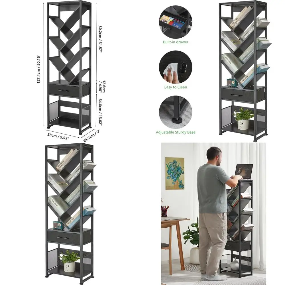 

10-ярусный напольный книжный шкаф в ретро-стиле с отделениями для хранения, идеально подходит для гостиной, спальни и домашнего офиса, черный