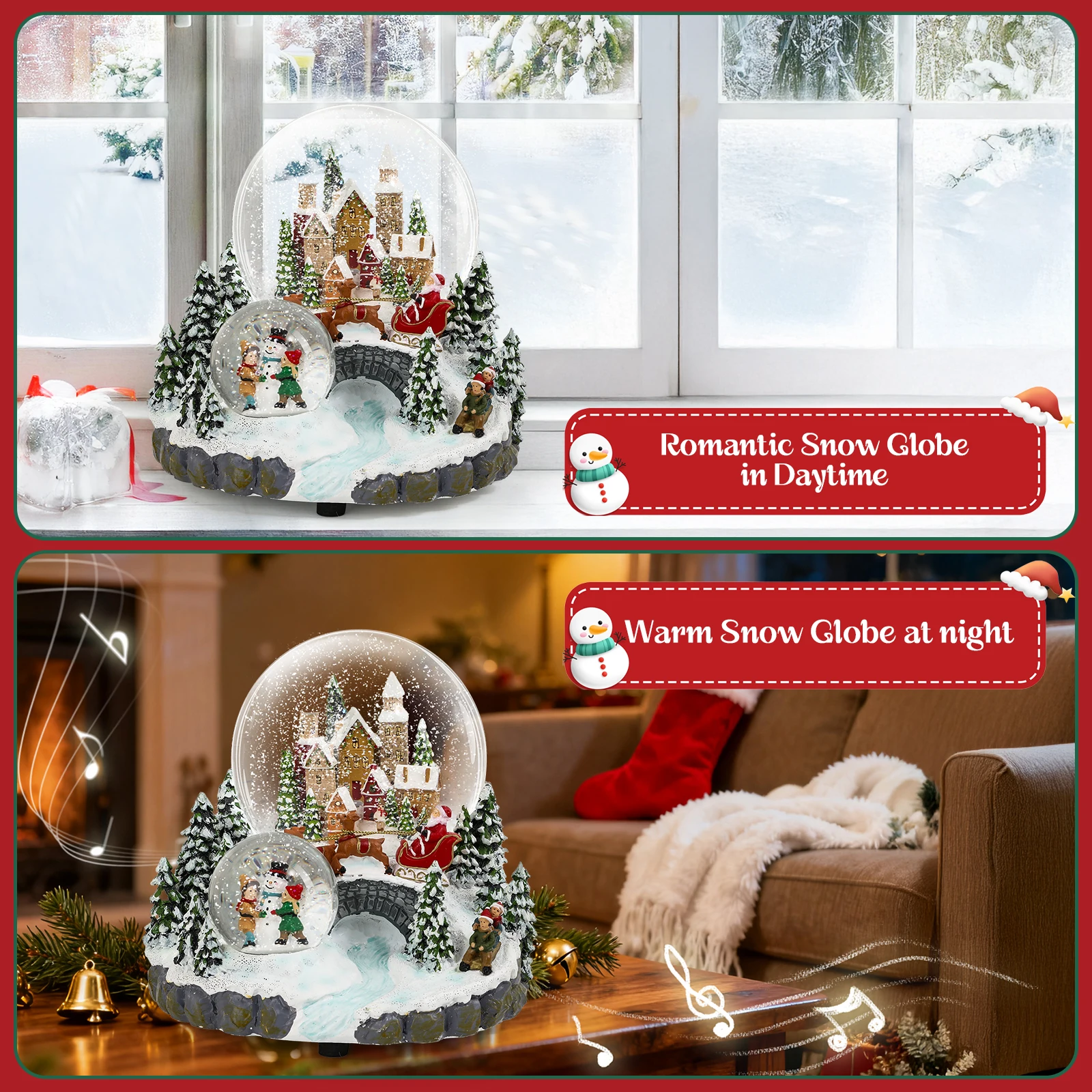 

Musical Christmas Snow Globe Winter Scene with Skiing & Snowman Unique House Setting Family Holiday Decor & Gift