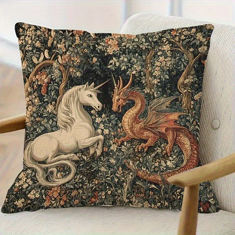 1pc Whimsical Medieval Style Pillowcase, Printed with Unicorn and Dragon Design, Machine Washable, Zipper Closure, Suitable for Living Room, Bedroom, Sofa, and Car Decorative Cushion Cover (Pillow Insert Not Included)