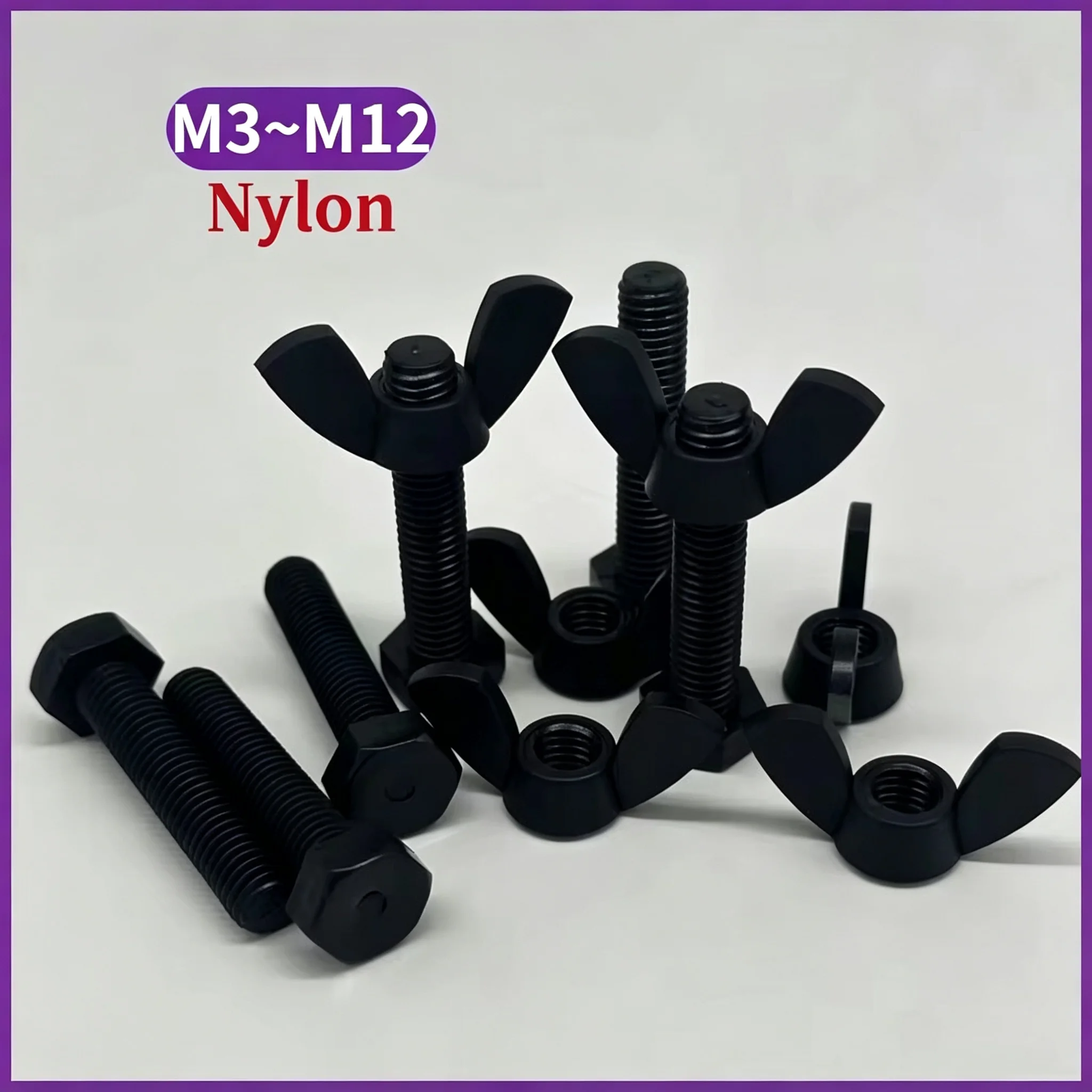 Schwarze Kunststoff-Sechskantschrauben Nylon-Befestigungselemente Vollgewindete Flügelmutter M3 M4 M5 M6 M8 M10 M12