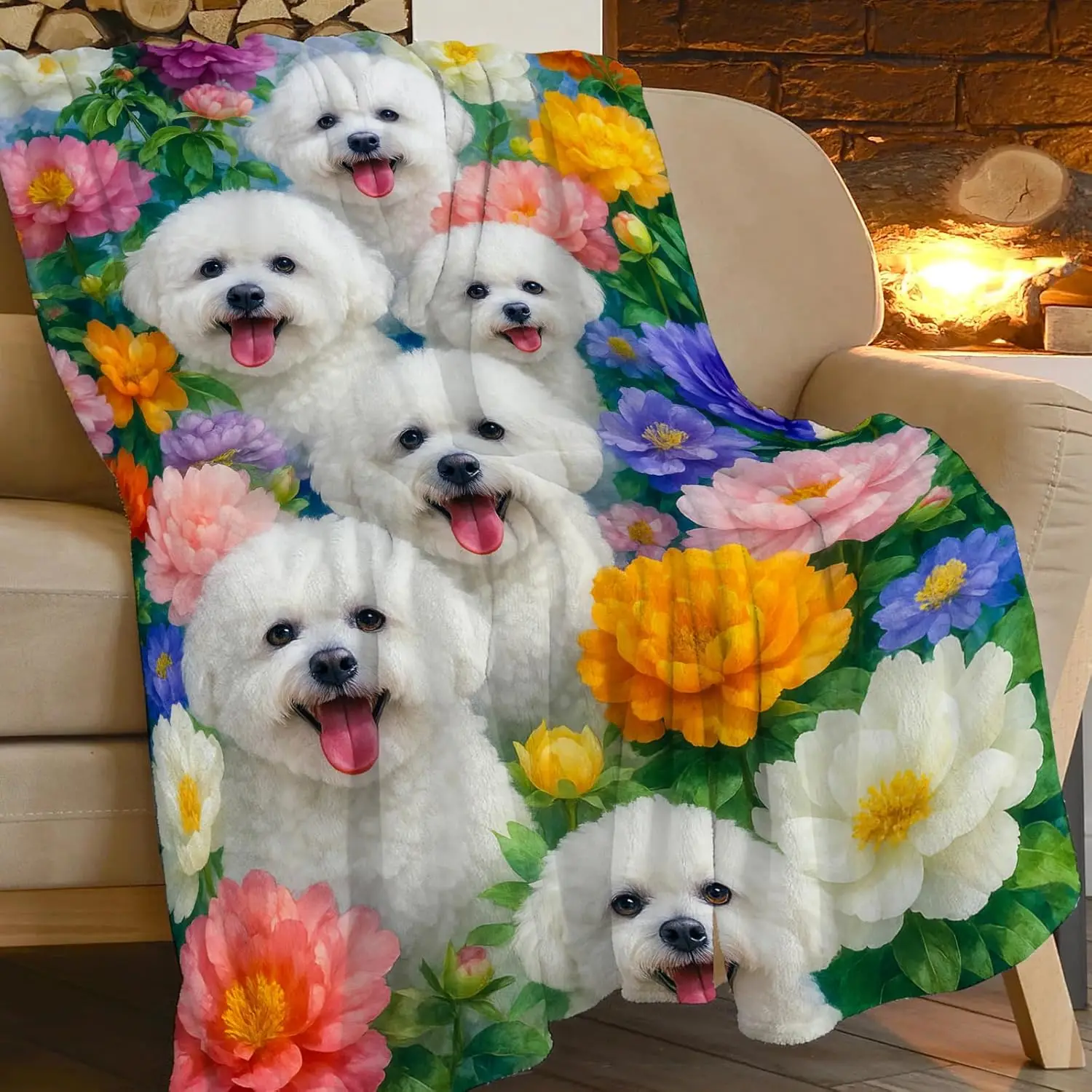 Bichon Frise Dog Blanket Floral Garden Design Cute White Dogs Soft Fleece Throw Pet Lover Gift Home Decor Cozy Bedding for Dog