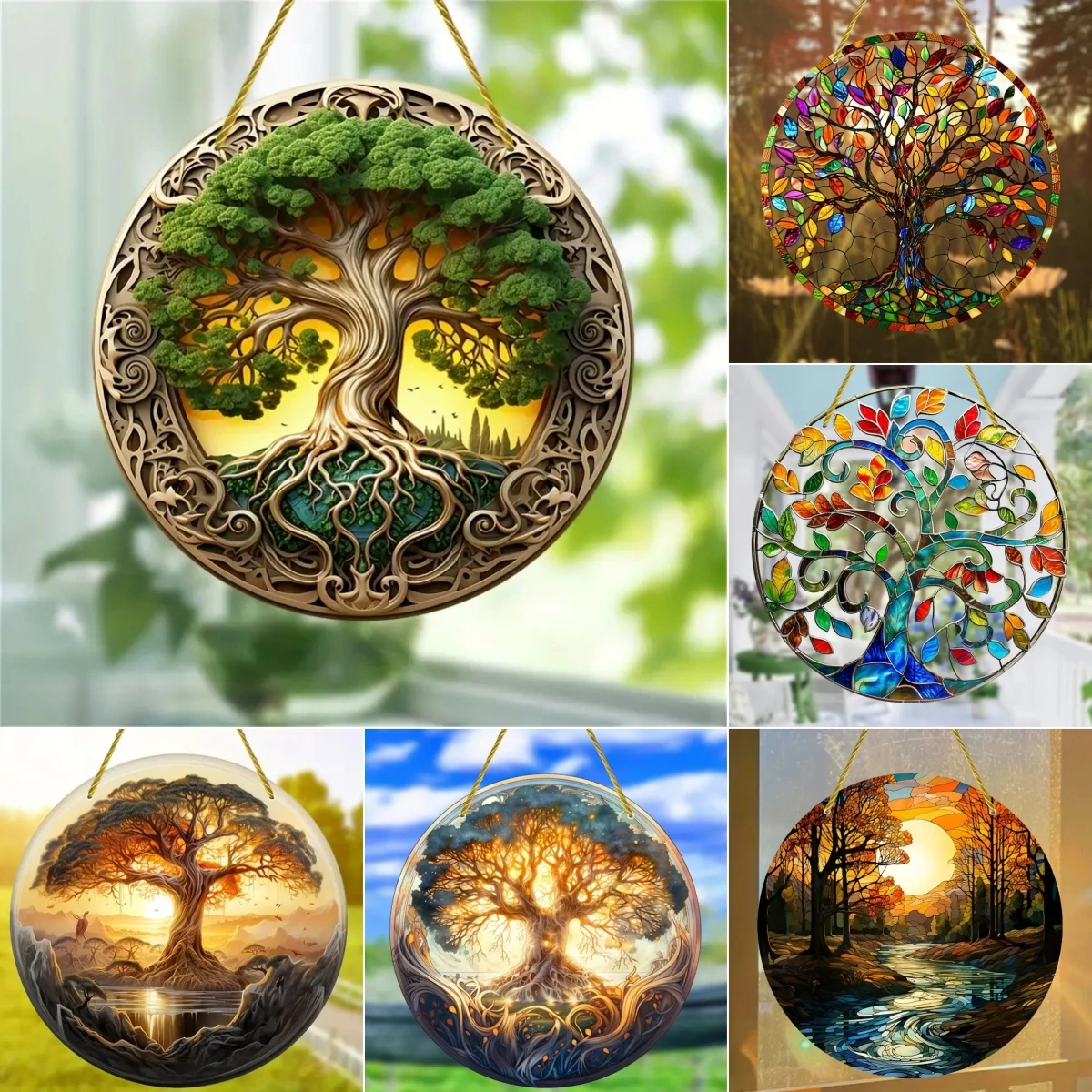 Tree of Life Suncatcher,2D Acrylic Round Sign Translucent Stained Window Hanging,ideal Gifts,shop,room House,Garden Yard Decor