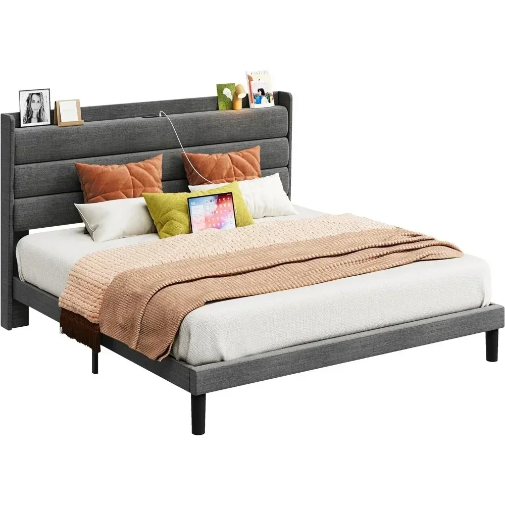 Bedroom bed frame, queen size bed frame, sturdy and stable, noiseless,springless,storage headboard with socket,bedroom bed frame