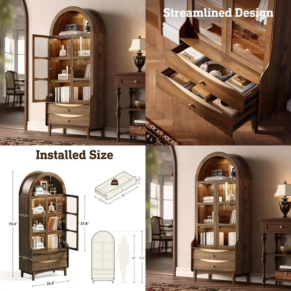 Современная 4-уровневая высокая арочная книжная полка в стиле фермерского дома со стеклянными дверями, светодиодной подсветкой и деревянной конструкцией