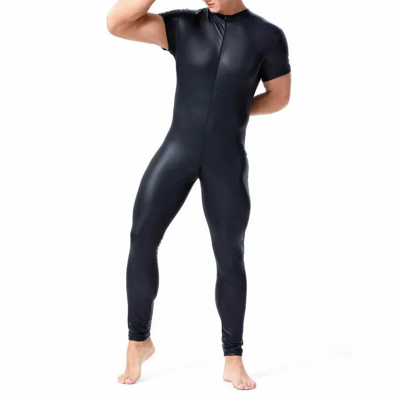 

Faux Leather Men's Bodysuit Tight Undershirts One-piece Wrestling Singlet Jumpsuit Short Sleeve Catsuit Zipper Clubwear Leotard
