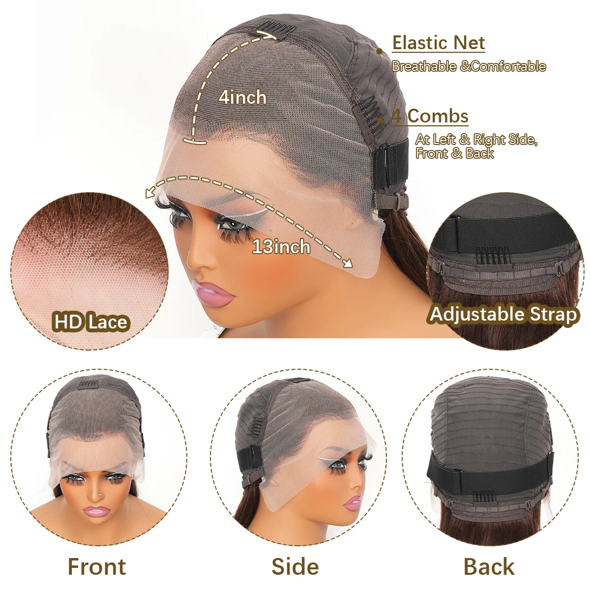 13x4 الشوكولاته براون مستقيم الدانتيل الجبهة الباروكات الشعر البشري 200٪ الكثافة # 4 باروكات شعر بشري مفرود ملون بدانتيل أمامي للصيف