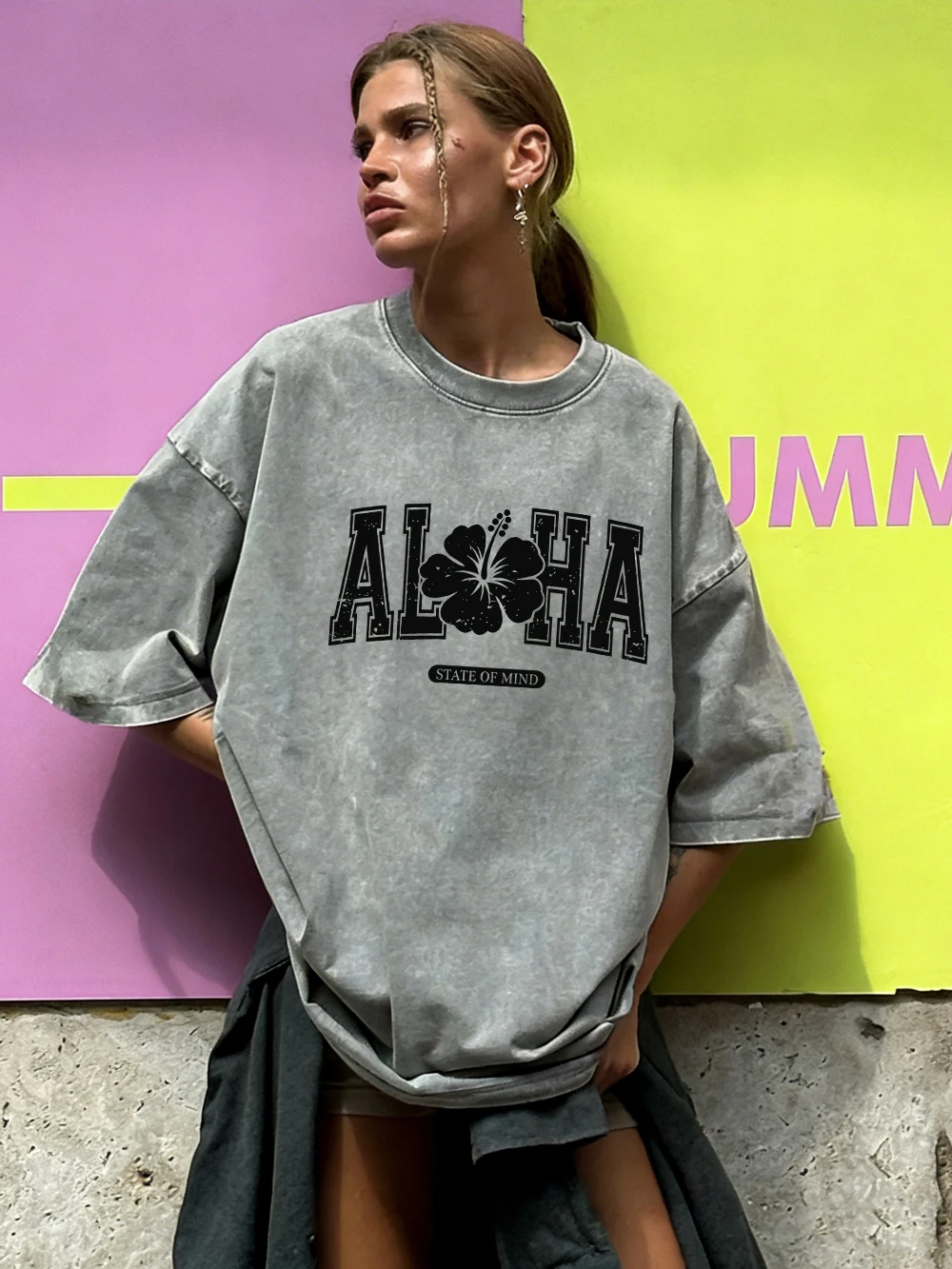 Aloha Hibiscus State Of Mind Printing Washed T-Shirts Womens Cotton Oversize Tees Casual Short Sleeve Tops Summer O-Neck Clothes