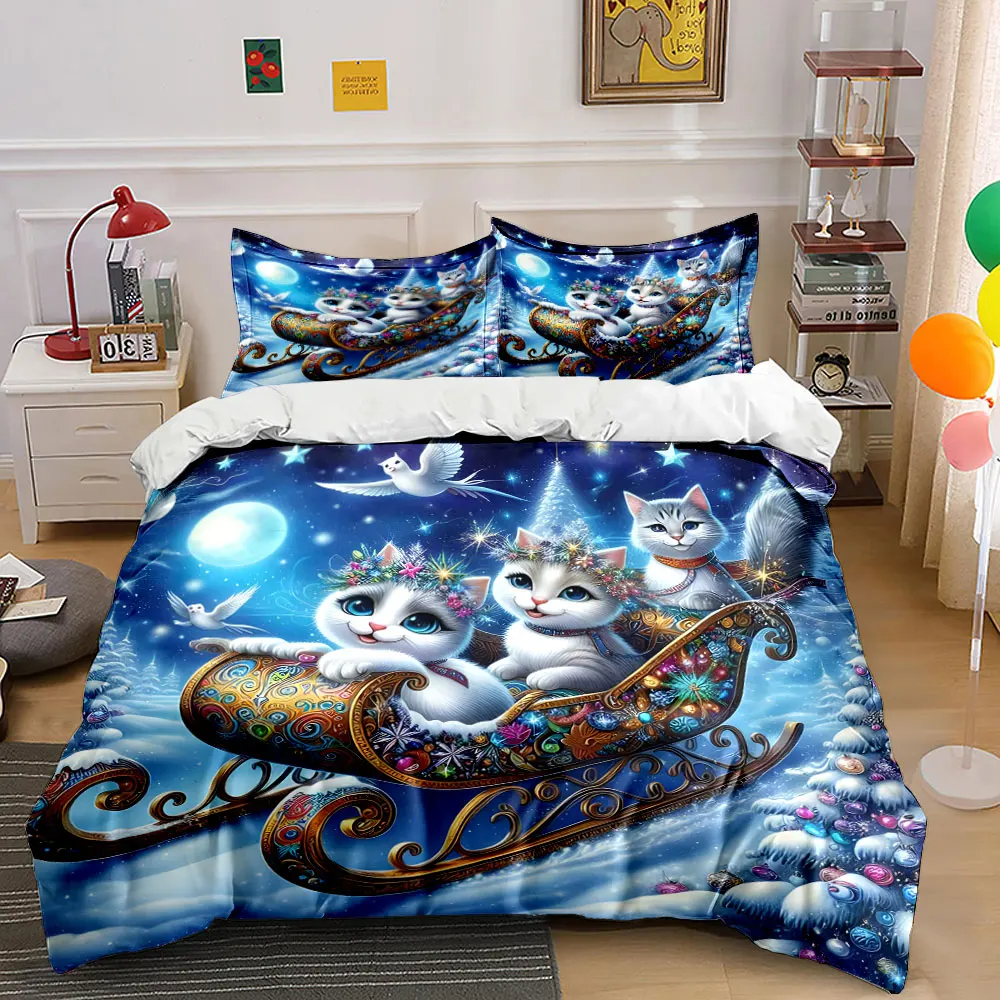 Dreamy Cats in Sleigh Under Starlit Sky Printed Duvet Cover Set1 Duvet Cover+2 PillowcaseMulti Size Bedroom Bedding Decor