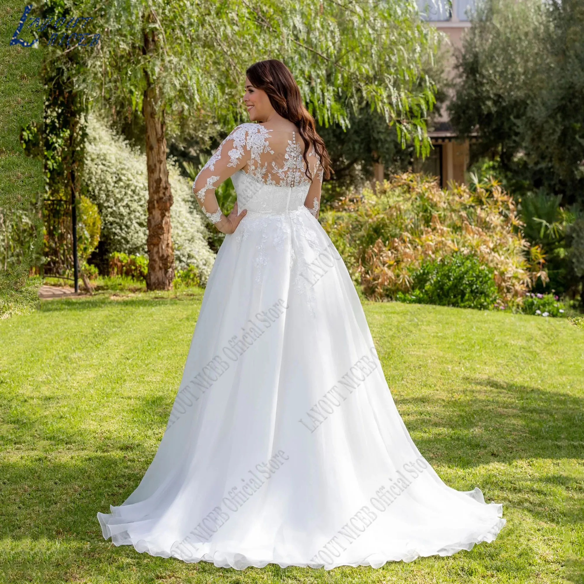 LAYOUT NICEB Plus Size Lace Wedding Dress 2026 Bride Long Sleeves A-Line Tulle Robes De Mariée Woman Applique V-Neck Bridal Gown