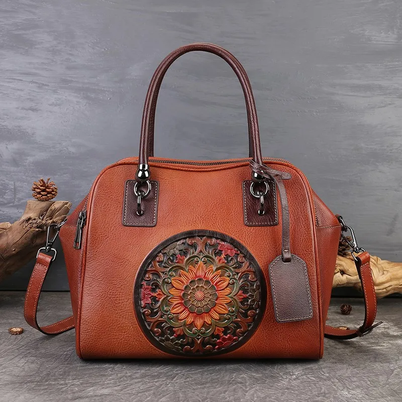 Johnature 2026 New Retro Embossed Totem Women's Bag Genuine Leather Commuter Handbag Large Capacity Shoulder Crossbody Bag