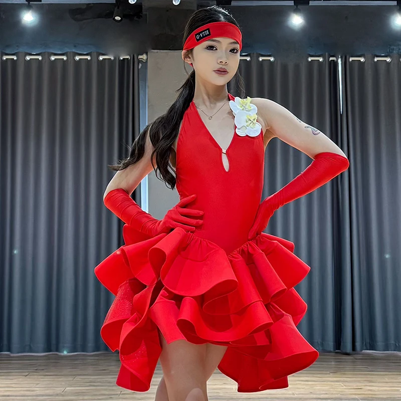 Latin Dance Dress Women Red Blue Halter Neck Fishbone Dress Adult Latin Competition Dress Rumba Dance Performance Wear DNV22321