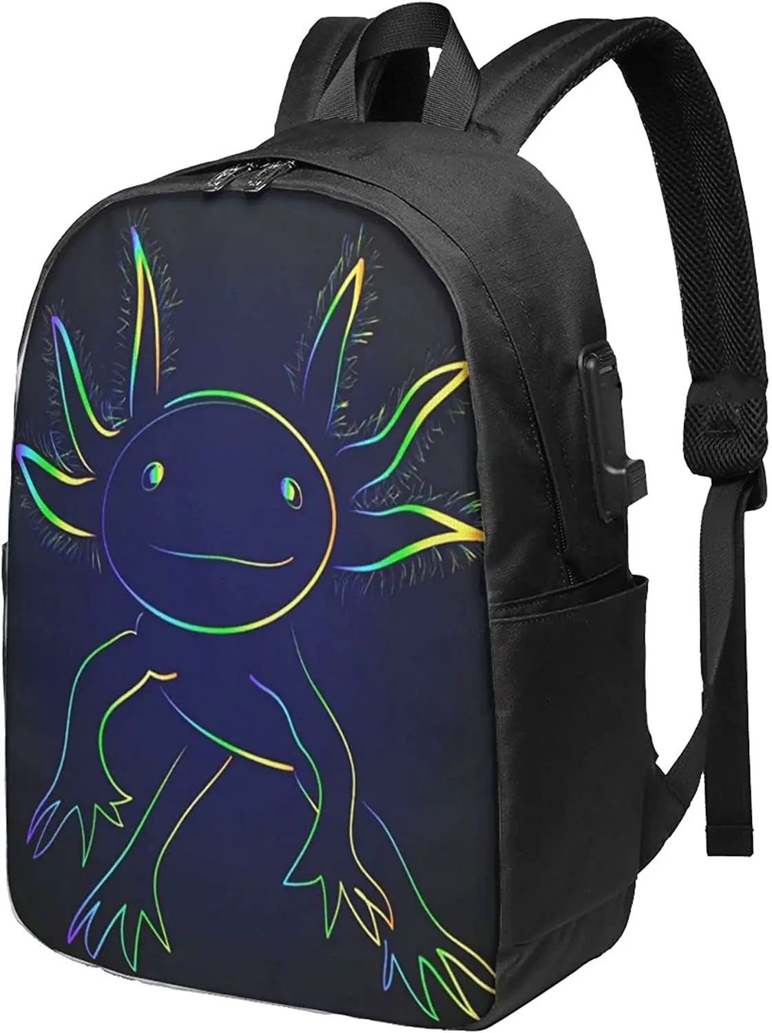 Auronewt Stylized Rainbow Axolotl Backpacks 17 Inch Travel Laptop Backpack College Book Bag for Men Women with USB Charging Port