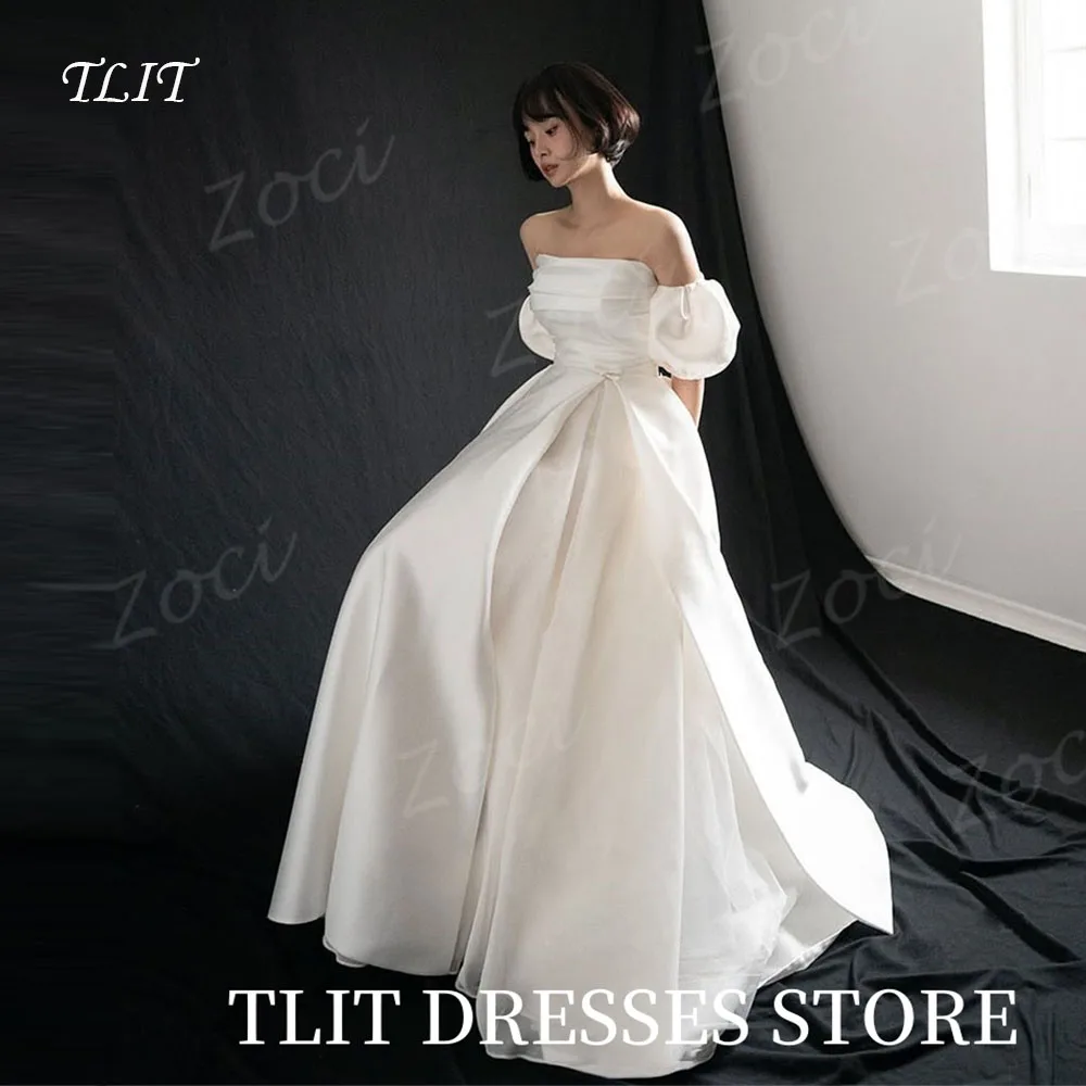 

TLIT Elegant Strapless A Line Wedding Dresses Photos Shoot Customized Short Puff Sleeve Bride Gown Korea Wedding Party Dress