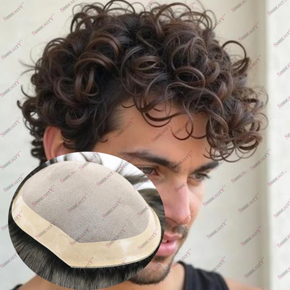 

Undetectable Human Hair 25mm Curly Men's Toupee Prosthesis Capillary Super Durable Fine Mono Natural Frontline 20mm Remy Hair