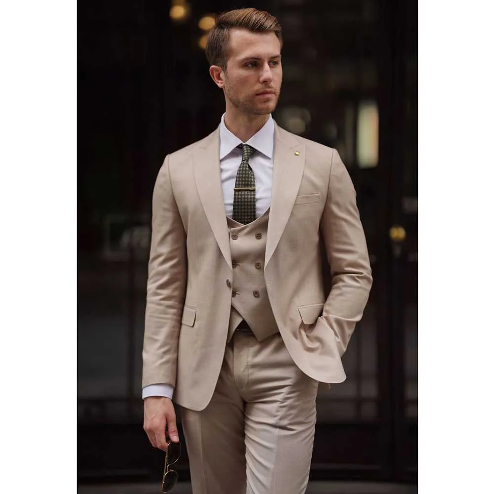 Fashion Chic Khaki Suits for Men Single Breasted 3 Piece jacket Pants Vest Male Clothing Slim Fit Business Gentleman Blazer Sets