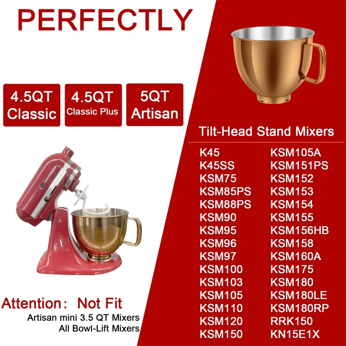 5 QT Stainless Steel Mixer Bowl for KitchenAid Artisan&Classic 4.5-5QT Tilt-Head Mixers K45 KSM70 KSM150 Copper Gold