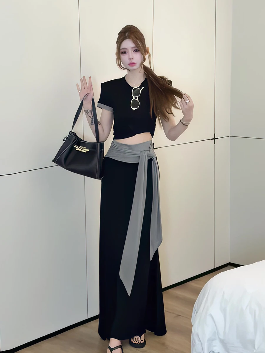 

Summer New Women's Casual Color Block Short Sleeve T-Shirt Halter Neck Skirt Two-Piece Set Breathable Lightweight Polyester
