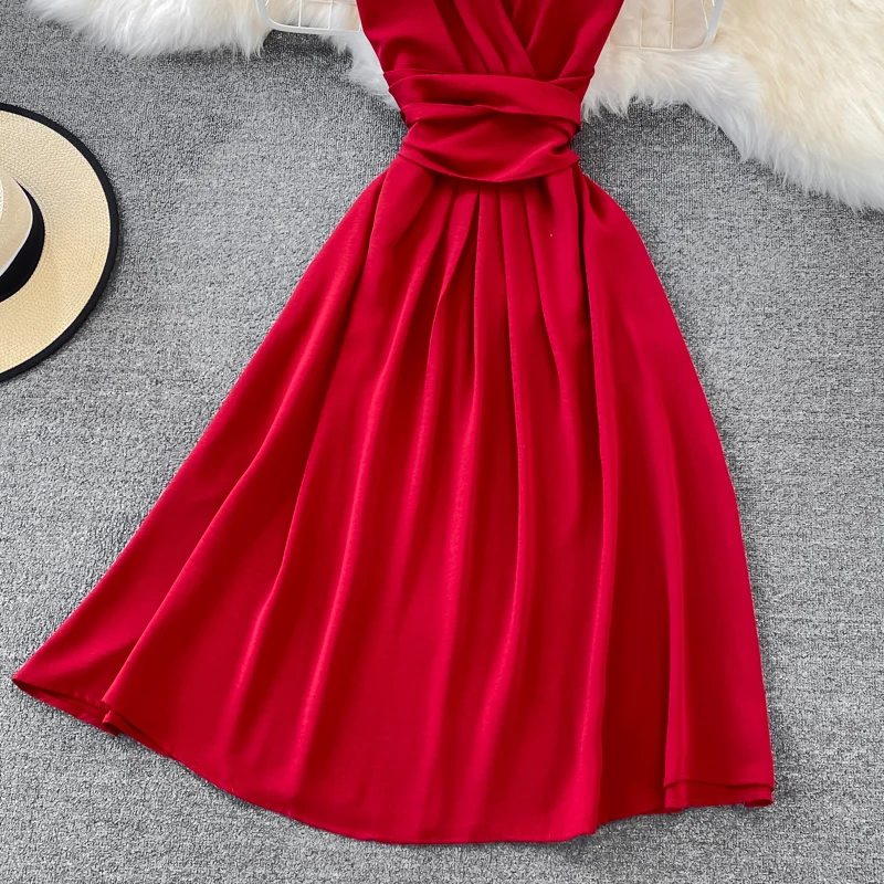 French V Neck Summer Bandage Midi Dress Party Vestido De Festa Women tank sundress Casual High Waist Knee Length beach dress