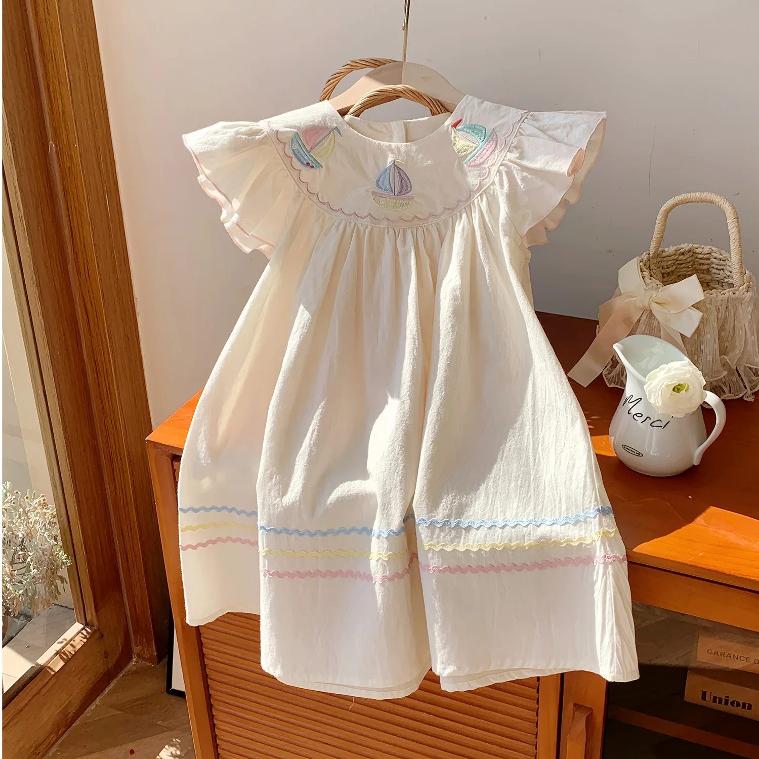 Kids Clothes Naval Style Rainbow Sailed Boat Embroidery Girls Dress Summer 2026 New Fashion Sleeve Children Skirts Wholesale