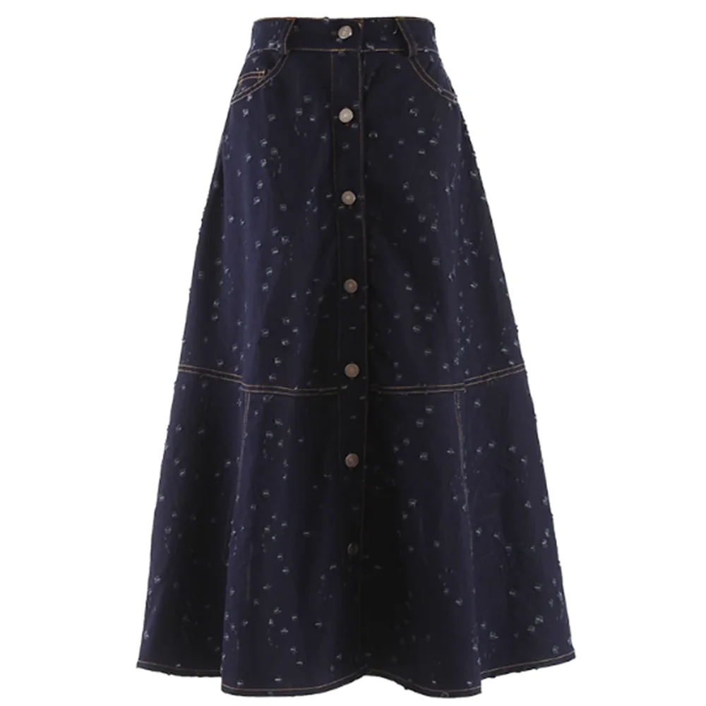 

Denim skirt holes fashion retro spliced pendulum A line skirt women spring