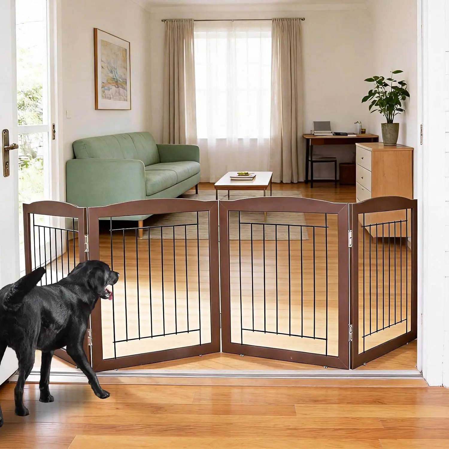 Freestanding Foldable Dog Gate for House Extra Wide Wooden Brown Puppy Gate Stairs Dog Gates Doorways Tall Pet Gate 24 