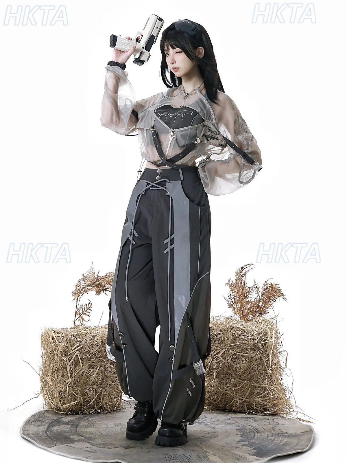 Dark Subculture Y2k Lolita Functional Two Dimensional Goth Cool Summer Jacket Top Loose Contrasting Wide Leg Trousers Sets Women