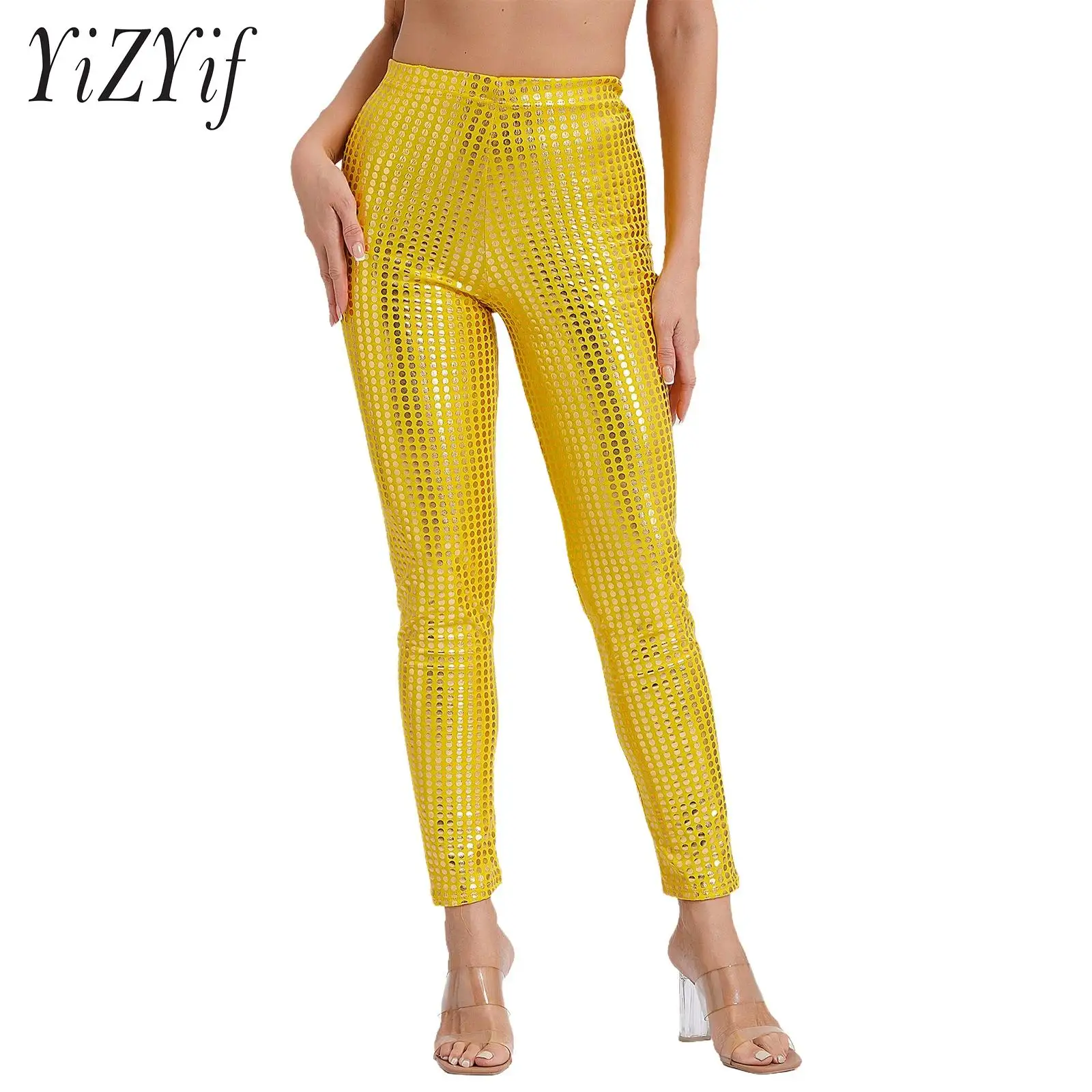 

Womens Shiny Dots Jazz Dance Performance Leggings Elastic Waist Skinny Pants Solid Color Trousers for Music Festival Party Raves