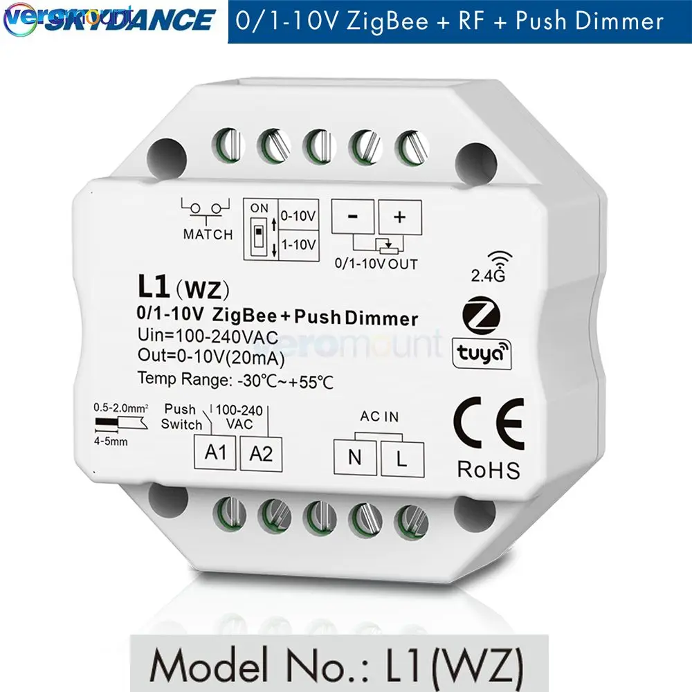 Skydance L1(WZ) 100-220VAC 1CH 0/1-10V ZigBee RF Push Dimmer Tuya APP Cloud LED Controller DIP Switch For Single Color LED Strip