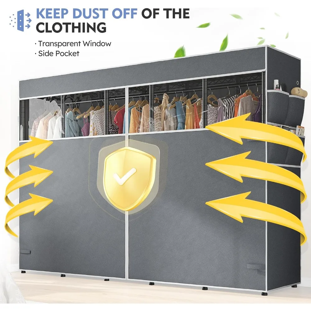 90.6" W Clothes Rack with Cover Heavy Duty Clothing Rack with Cover Loads 1200LBS Wardrobe Closet Freestanding Garment Rack for