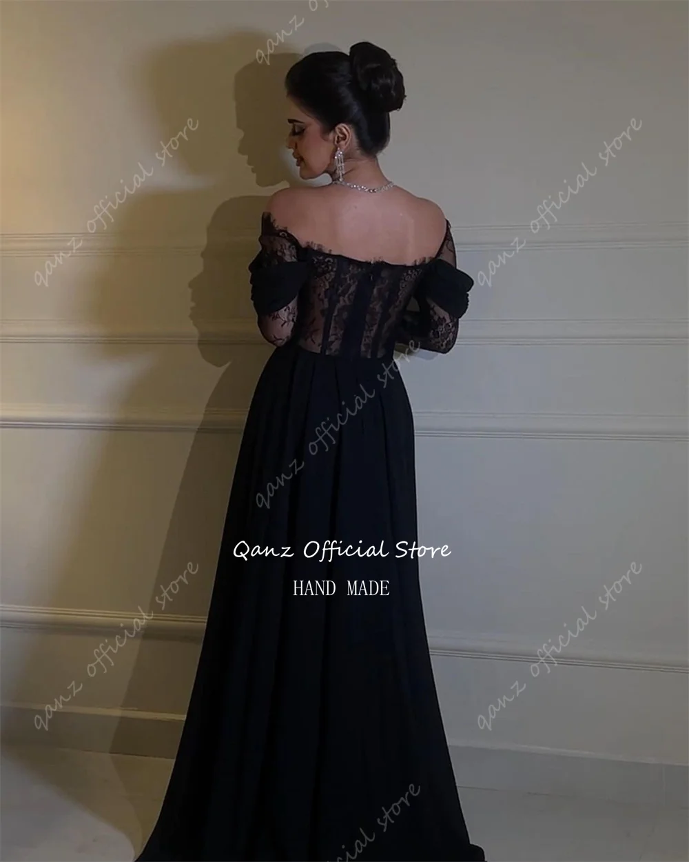 Qanz Black Arab Evening Dresses Off The Shoulder Lace Saudi Prom Dress Detachable Sleeves Mermaid Special Occasion Customized