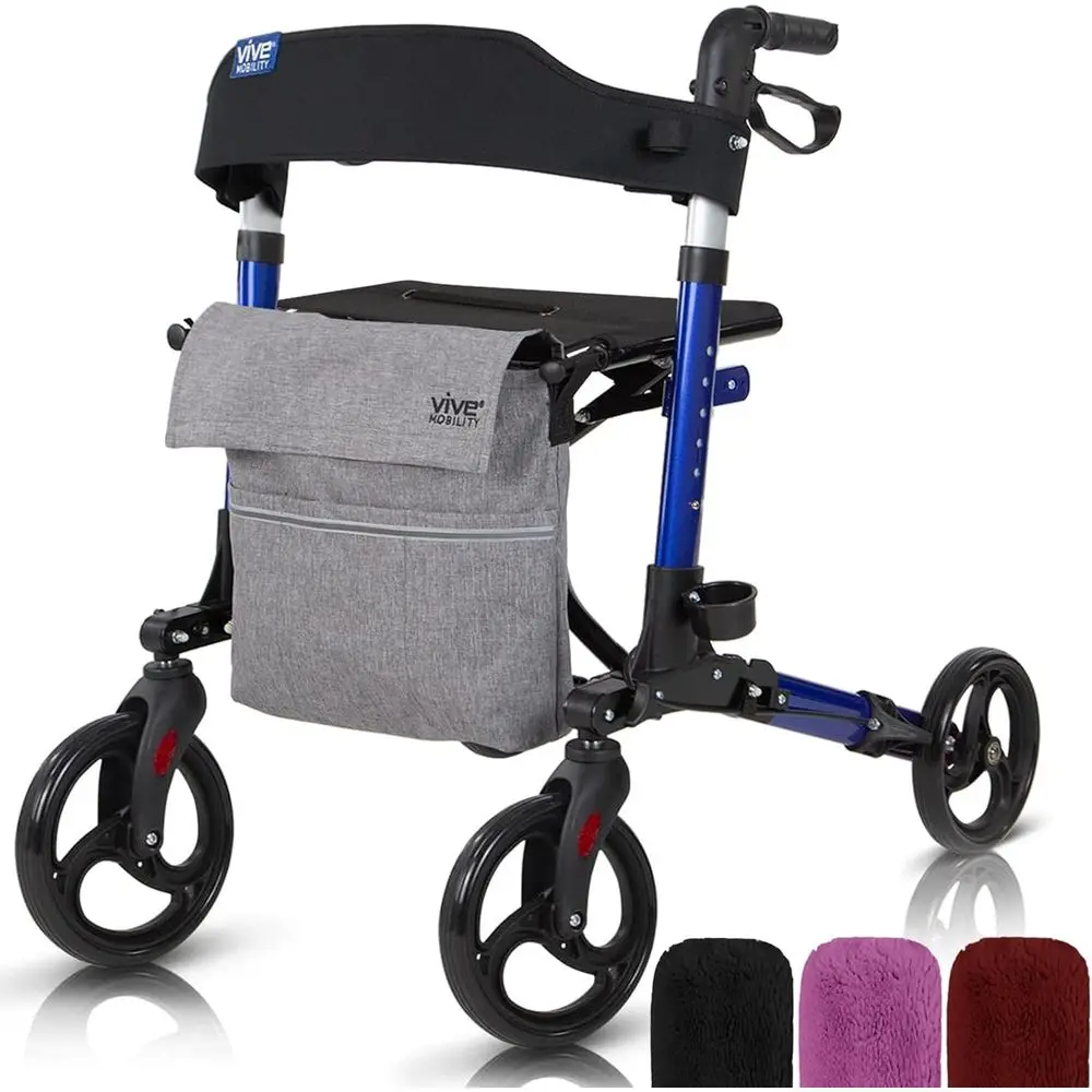 رولیتر قابل للطي بأربع عجلات مع مقعد وحقيبة - مساعد على التنقل من الألومنيوم للبالغين وكبار السن والمعاقين (أزرق) #1