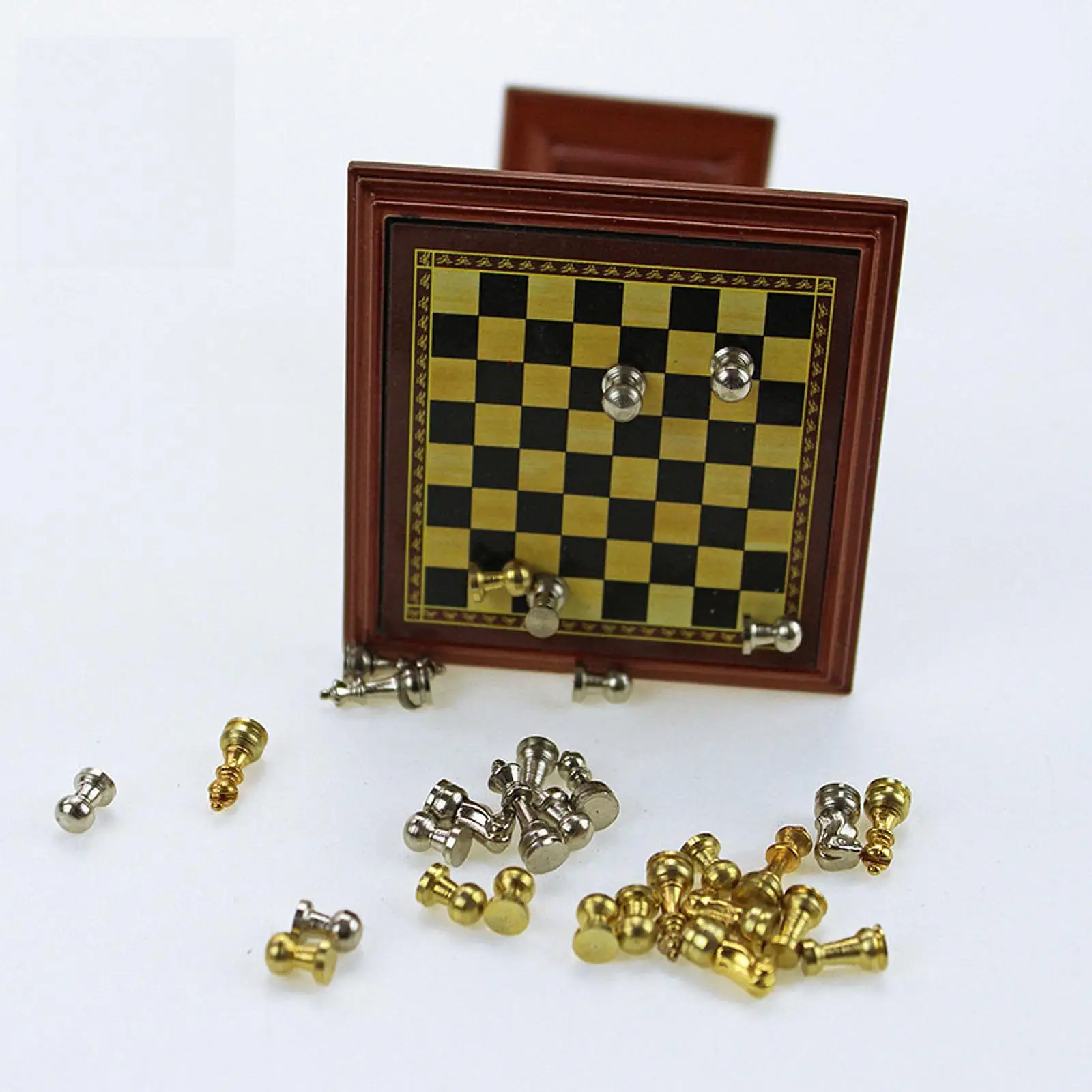 Dollhouse Miniature Chess Set Chess Table Toy House Wood Easy Assembly Mini Chess with Chess Board Gold and Silver Mini Chess