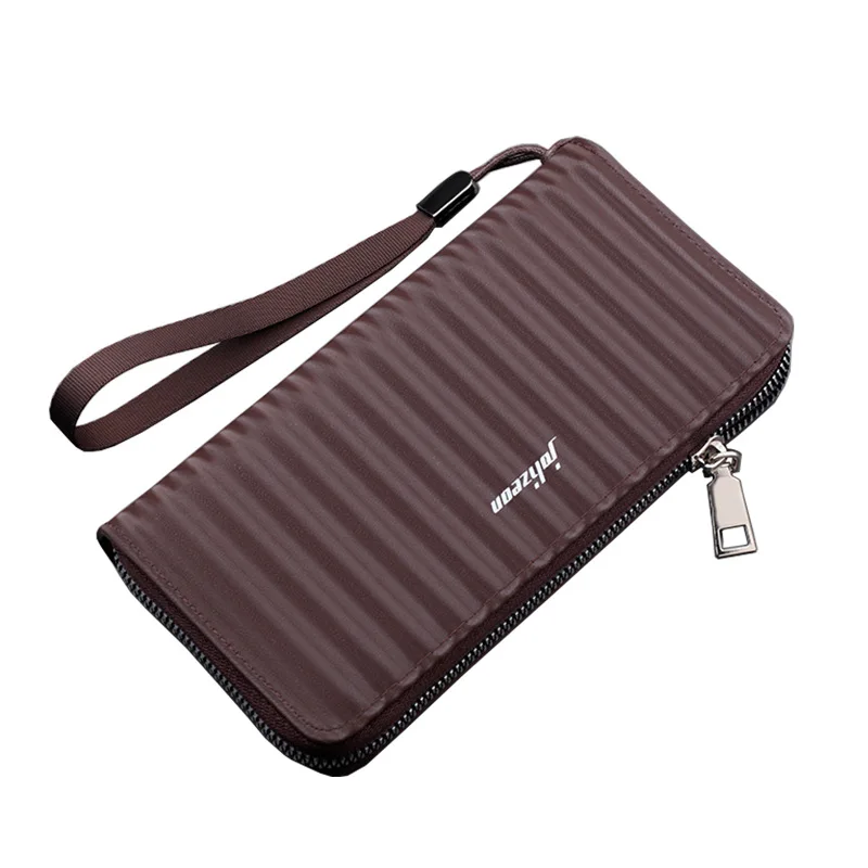 High Quality Striped PU Leather Men\'s Long Zipper Wallet New Handbag Wrist Strap Casual Mobile Bag Multi Card Purse Hot Sale