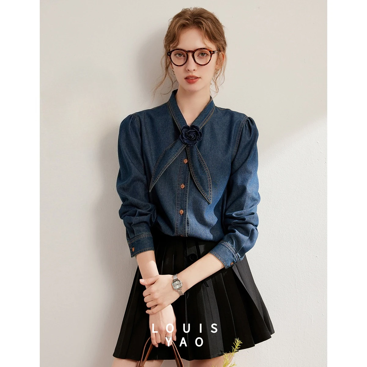 

LOUISYAO Casual Jeans Shirts 2025 Spring Collared Flower-decorated Women's Blouses Denim Tops Popular Korean-style Clothing