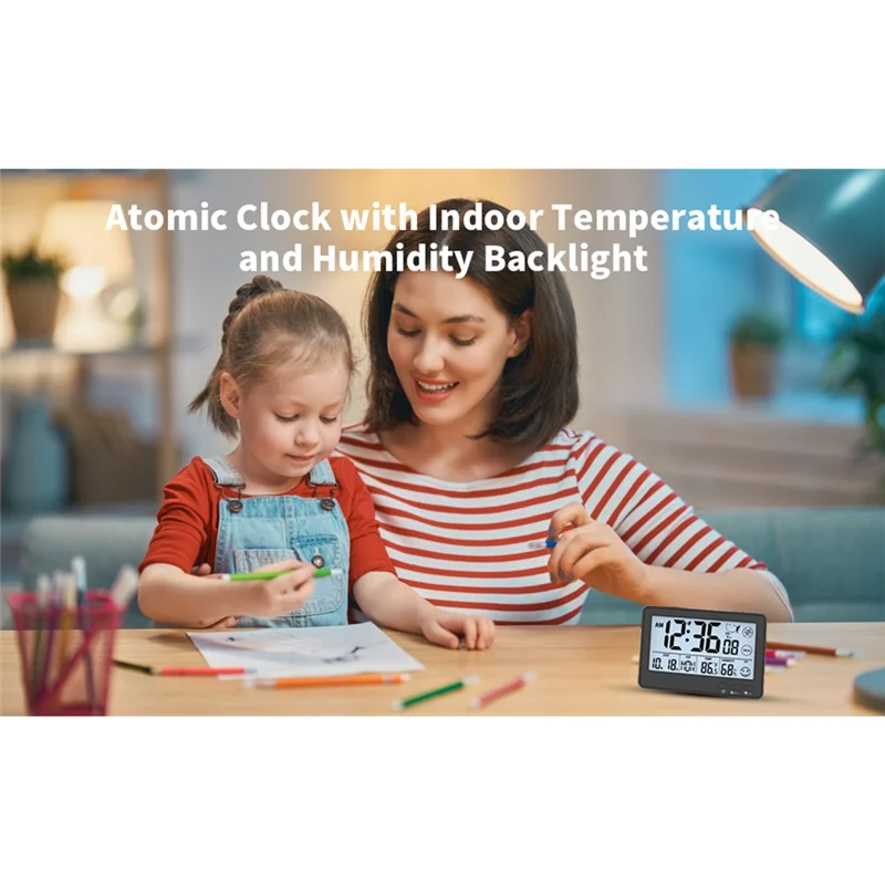 A84X-Digital Desk Clock With Temperature, Humidity Date Display-Atomic Clock Small Size Auto Set, Alarm Clock For Bedroom,Office
