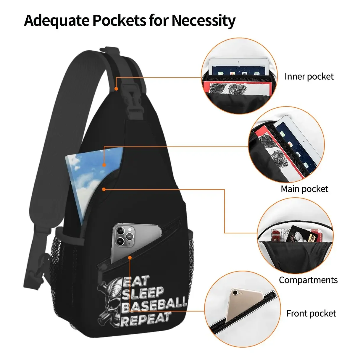 Eat Sleep Baseball Repeat Chest Bag Men Sling Crossbody Backpack Chest Bag Travel Hiking Daypack Shoulder Bag