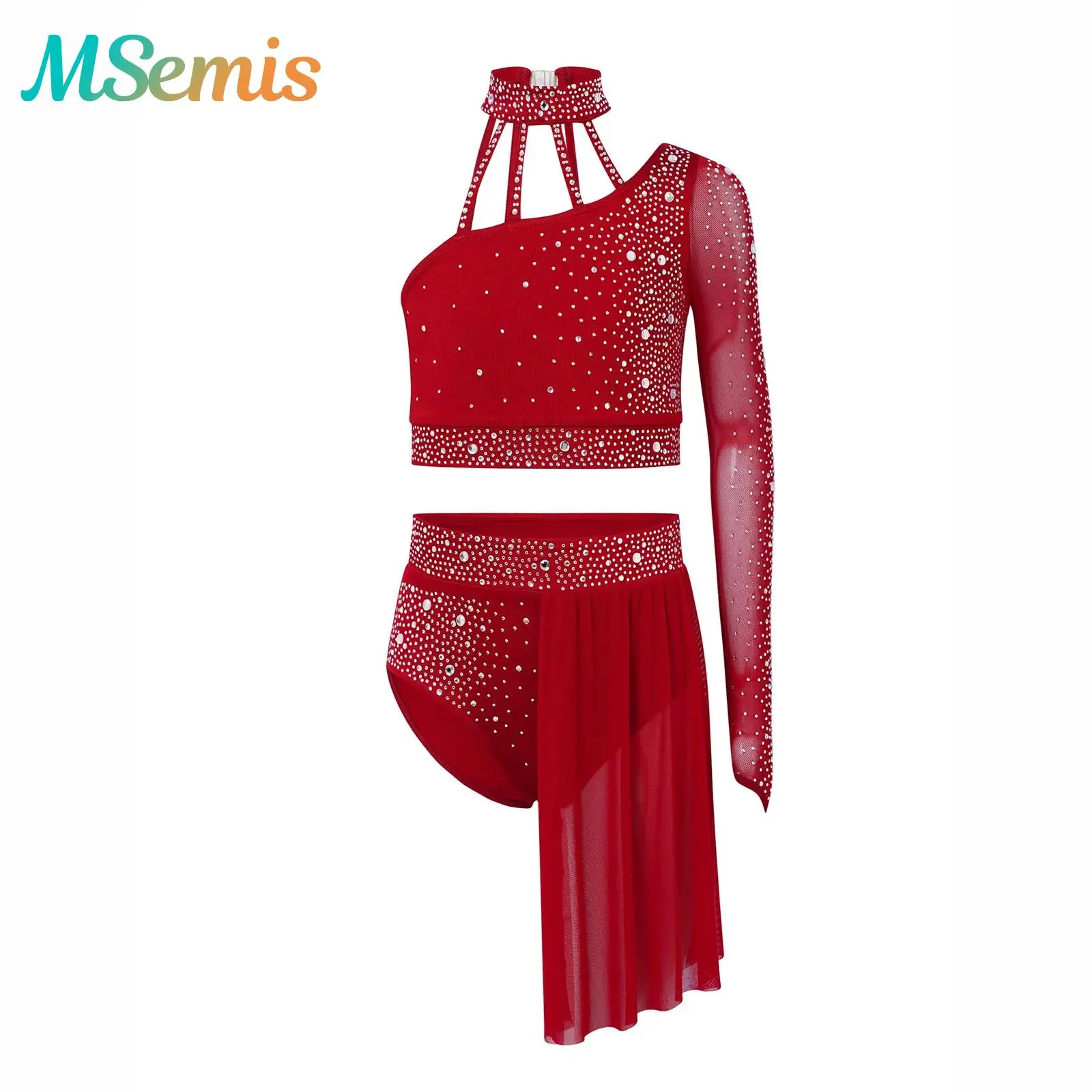 

Kids Girls Shiny Rhinestones Figure Skating Ballet Lyrical Dance Costume Crop Top with Skirted Leotard Ballet Dance Outfits